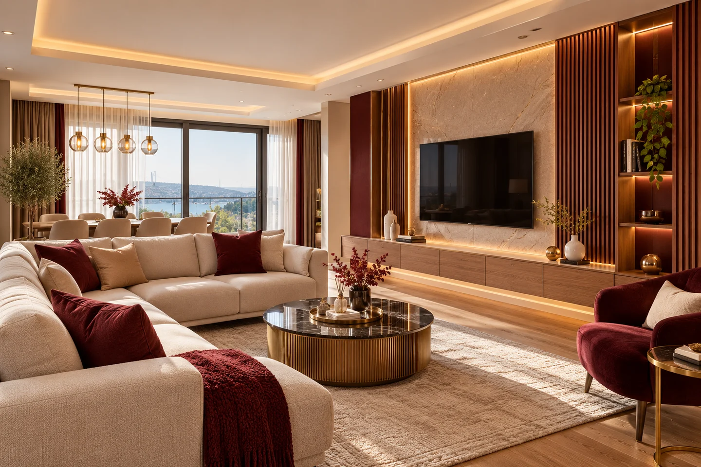 Bordo detaylı, yenilenmiş bir oturma odası